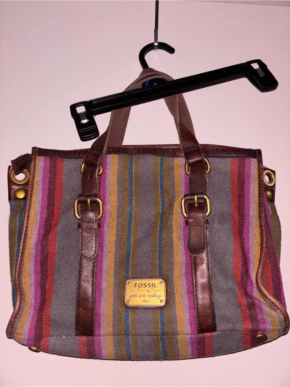 Fossil Striped Canvas Tote with Brown Leather Trim